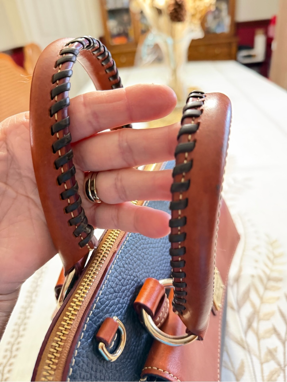Dooney & Bourke Teal and Brown Leather Dome Satchel - Picture 6 of 10